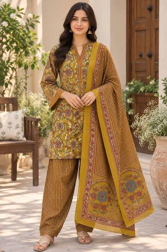 Mustard blended cotton printed kurta sets
