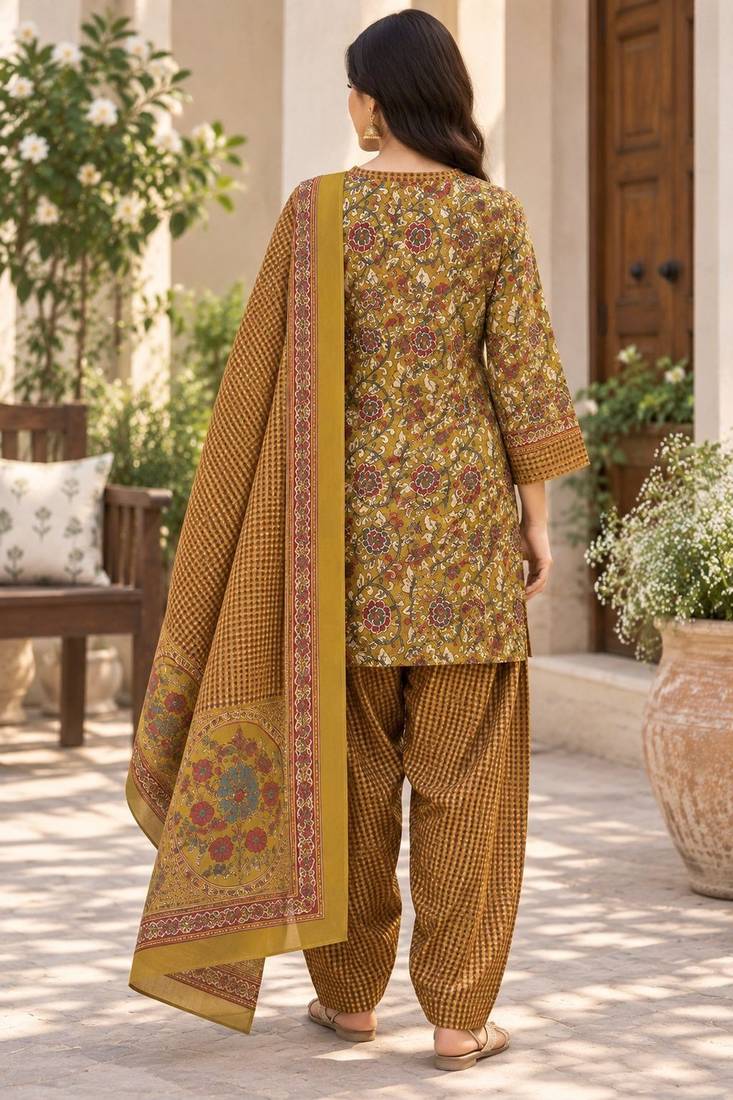 Mustard blended cotton printed kurta sets
