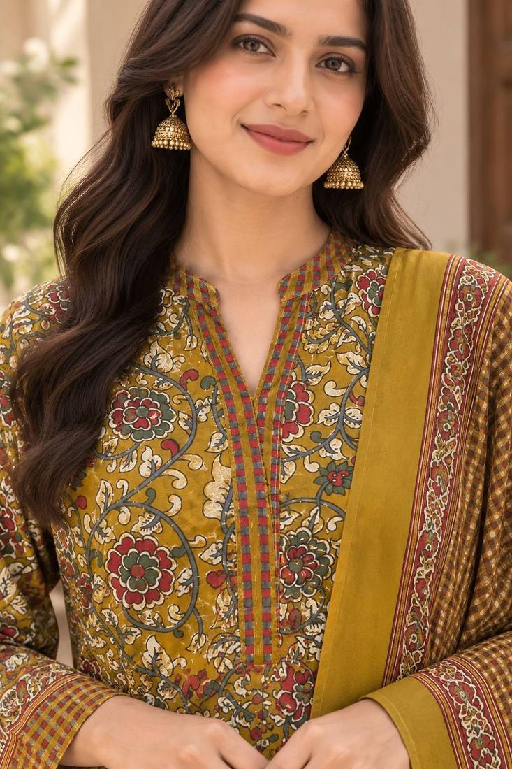 Mustard blended cotton printed kurta sets
