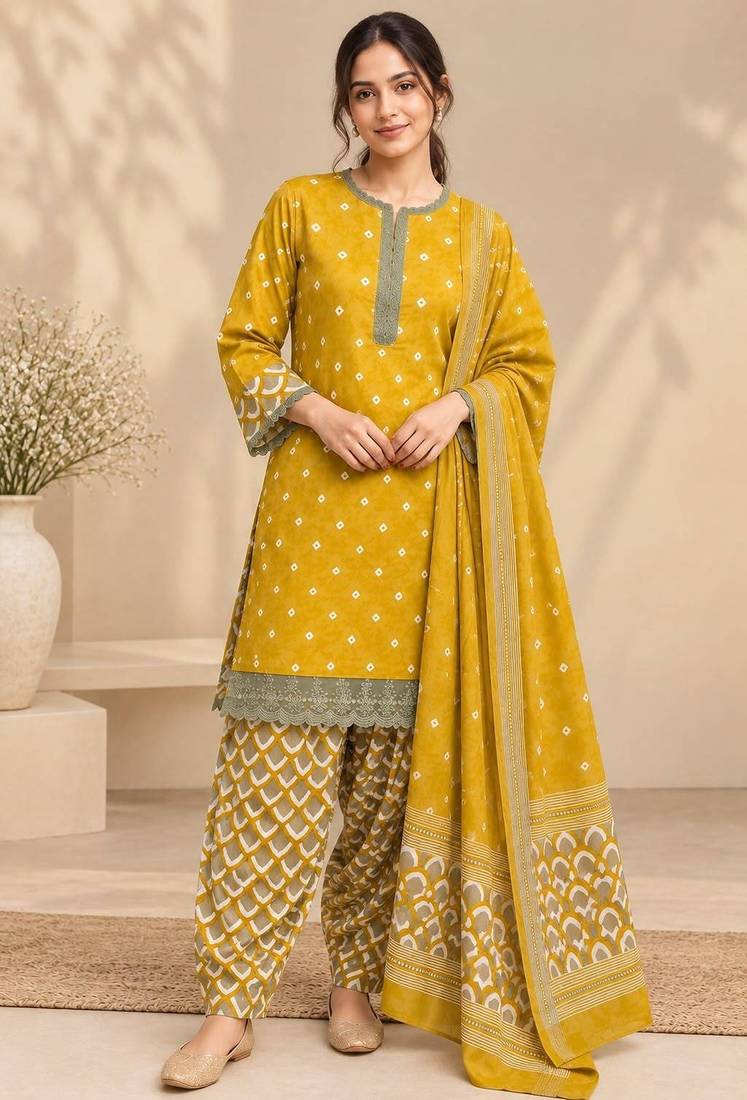 Yellow blended cotton printed kurta sets