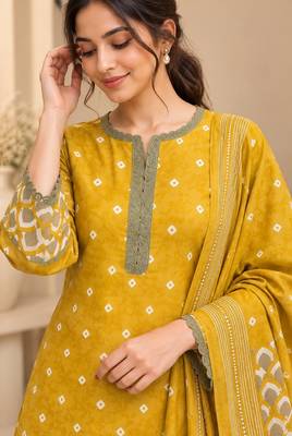 Yellow blended cotton printed kurta sets 2