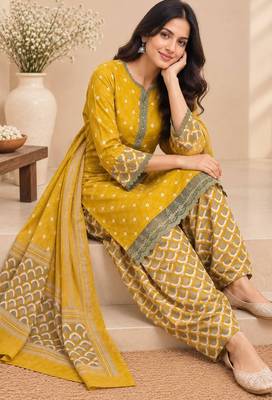 Yellow blended cotton printed kurta sets 4