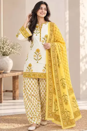 White blended cotton printed kurta sets