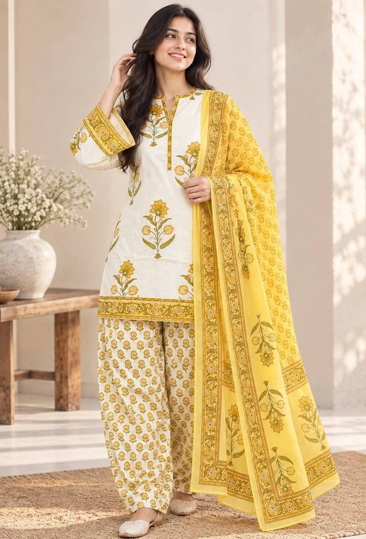 White blended cotton printed kurta sets