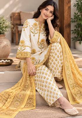 White blended cotton printed kurta sets 3