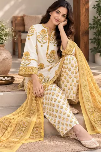 White blended cotton printed kurta sets