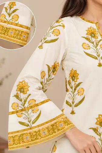 White blended cotton printed kurta sets