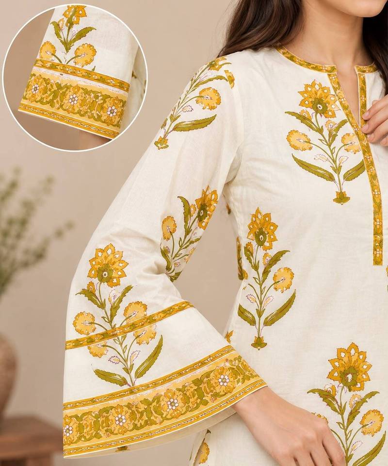 White blended cotton printed kurta sets