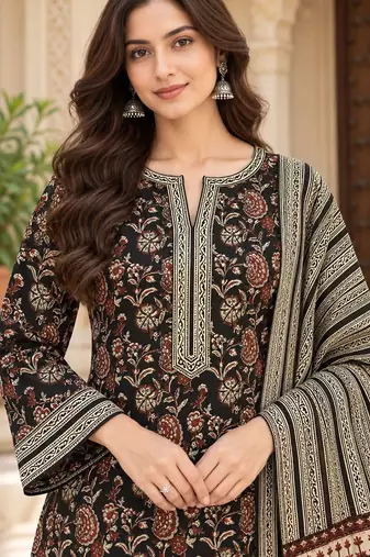 Black blended cotton printed kurta sets