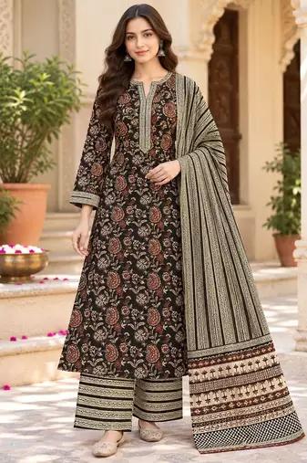 Black blended cotton printed kurta sets