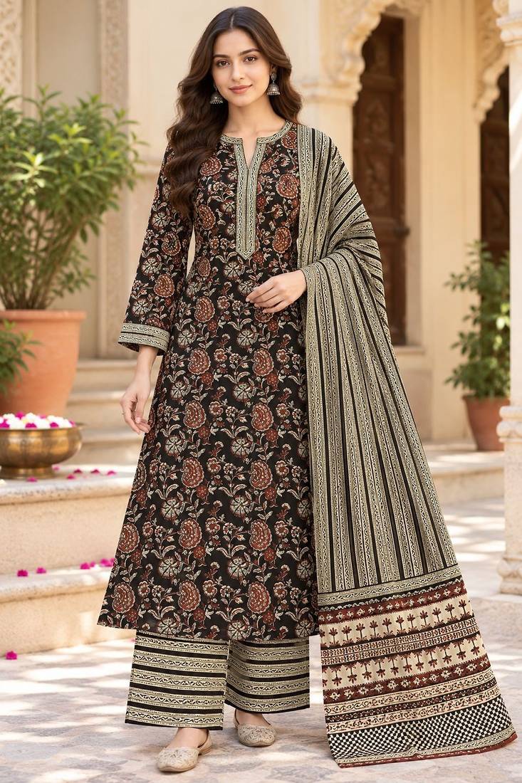 Black blended cotton printed kurta sets