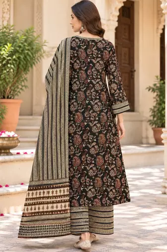 Black blended cotton printed kurta sets