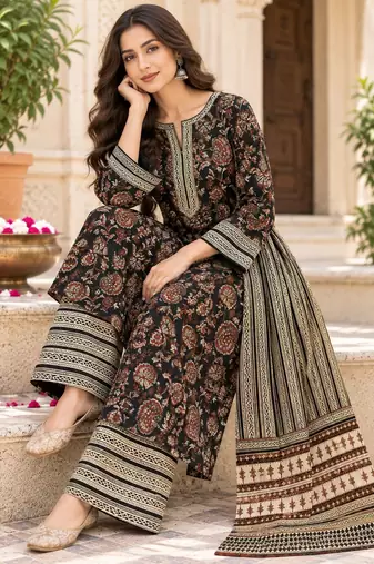 Black blended cotton printed kurta sets