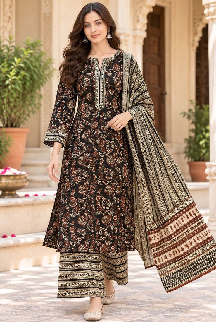 Black blended cotton printed kurta sets