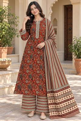 Maroon blended cotton printed kurta sets 1