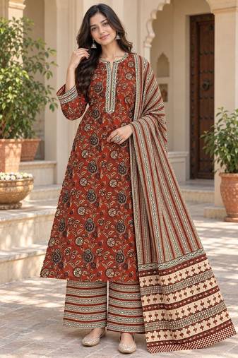 Maroon blended cotton printed kurta sets