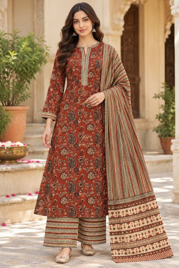 Maroon blended cotton printed kurta sets