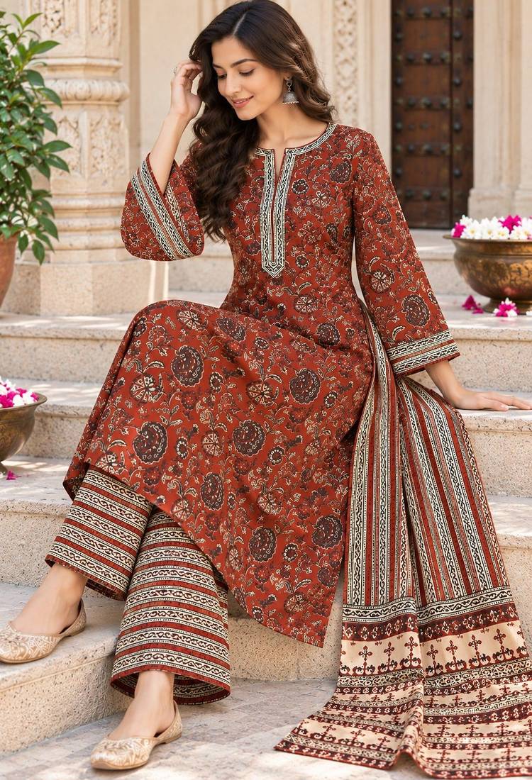 Maroon blended cotton printed kurta sets