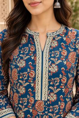 Navy blue blended cotton printed kurta sets 1