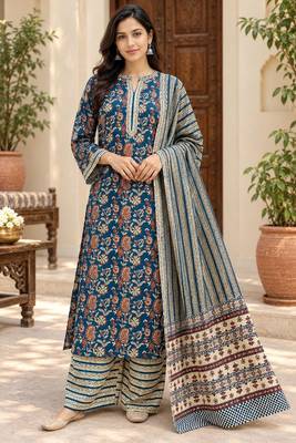 Navy blue blended cotton printed kurta sets 2