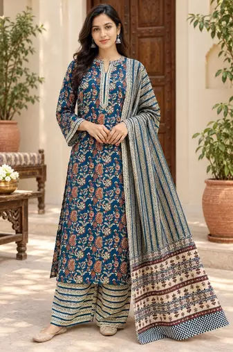 Navy blue blended cotton printed kurta sets