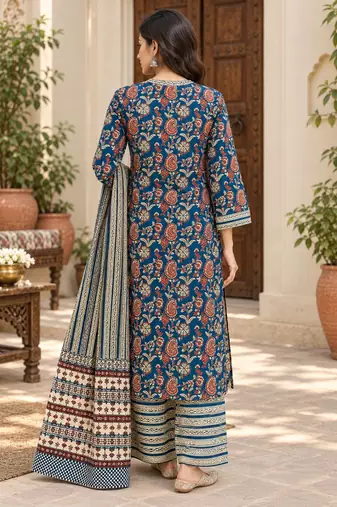 Navy blue blended cotton printed kurta sets