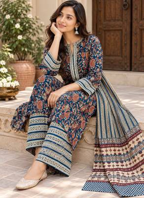 Navy blue blended cotton printed kurta sets 4
