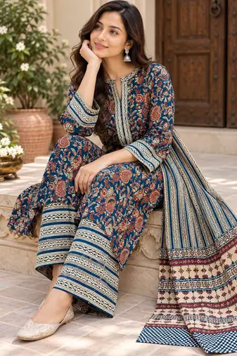 Navy blue blended cotton printed kurta sets