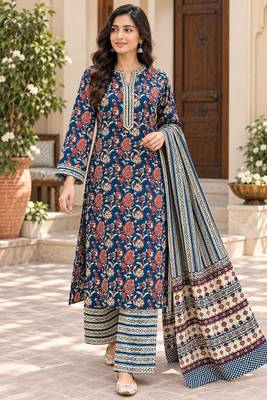 Navy blue blended cotton printed kurta sets 5