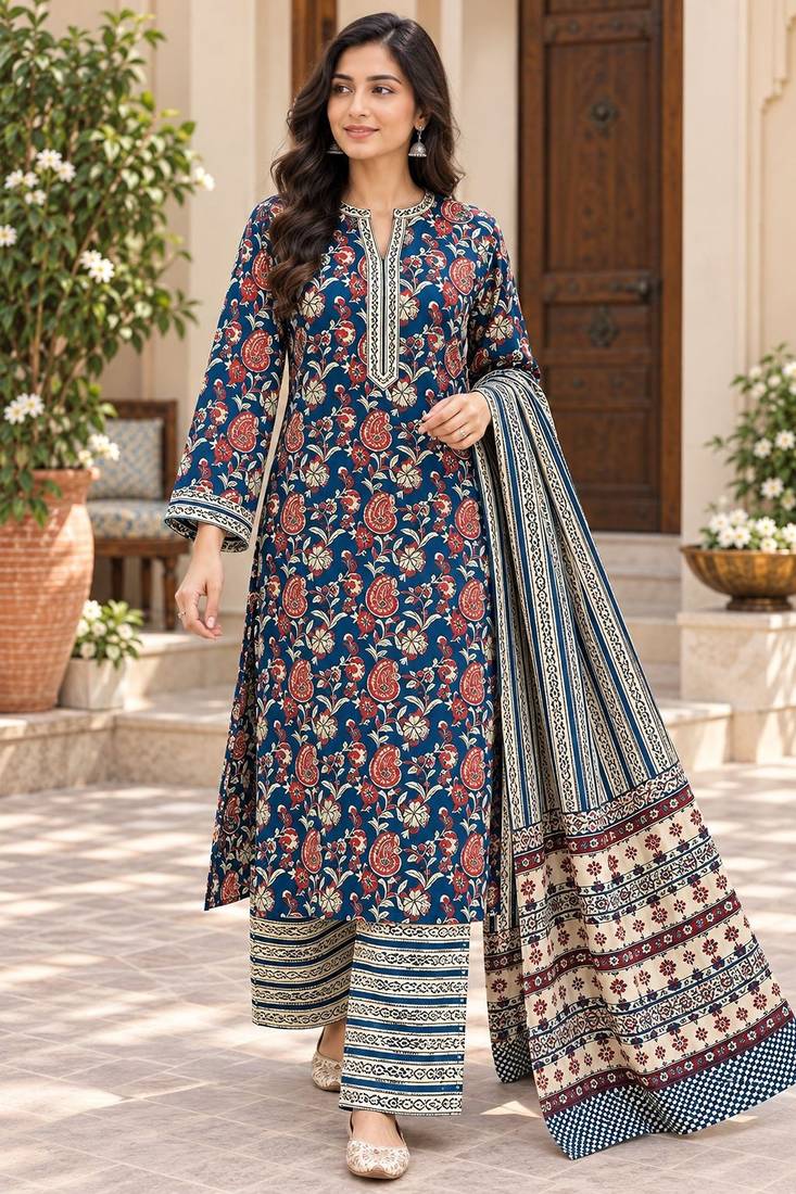 Navy blue blended cotton printed kurta sets