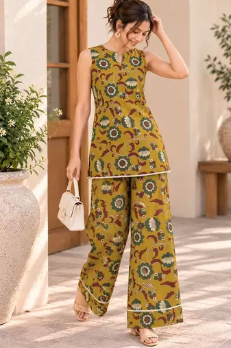 Mustard blended cotton printed kurta sets