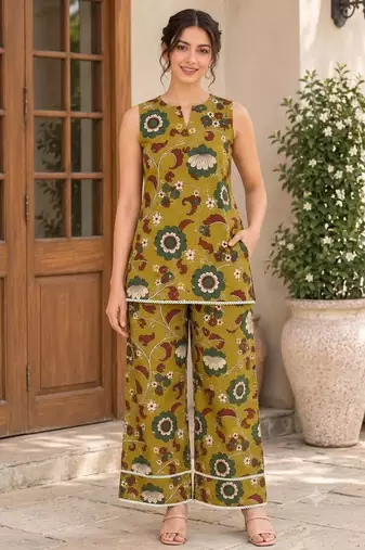 Mustard blended cotton printed kurta sets