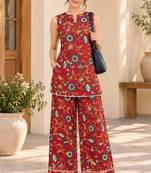 Red blended cotton printed kurta sets