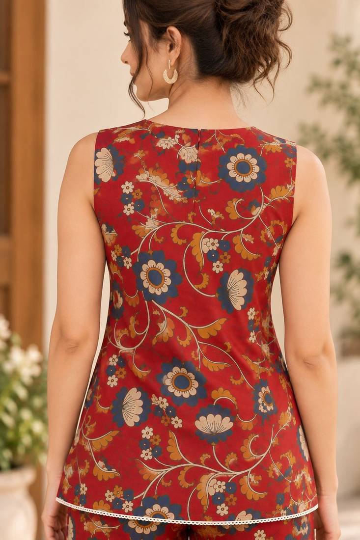 Red blended cotton printed kurta sets