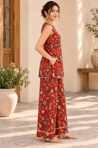 Red blended cotton printed kurta sets