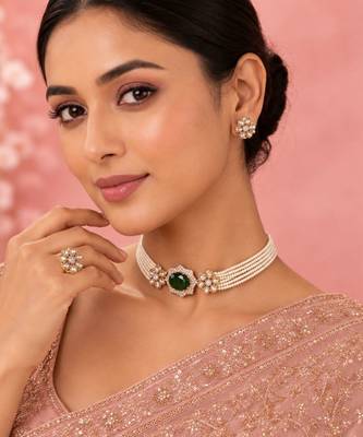 Green Bloom Pearl Choker Set | Floral Pearl Necklace, Earrings 1