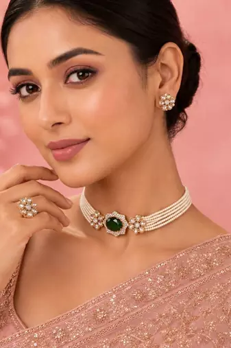 Green Bloom Pearl Choker Set | Floral Pearl Necklace, Earrings