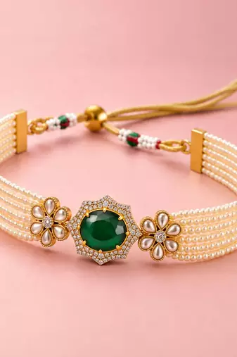 Green Bloom Pearl Choker Set | Floral Pearl Necklace, Earrings