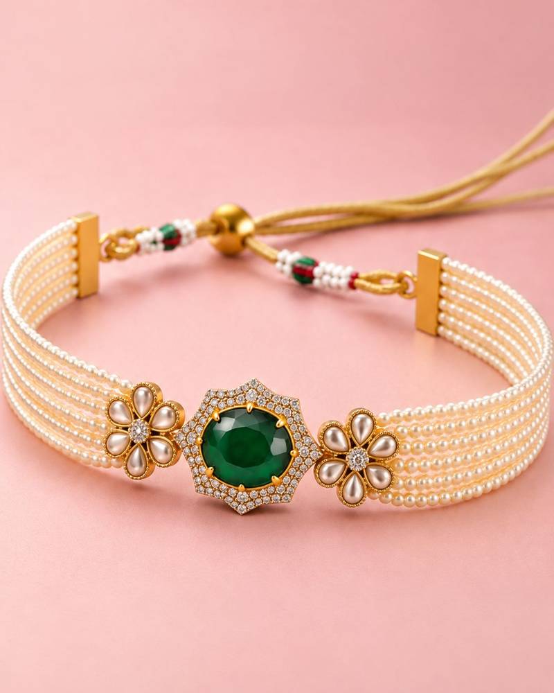 Green Bloom Pearl Choker Set | Floral Pearl Necklace, Earrings