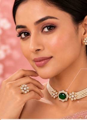 Green Bloom Pearl Choker Set | Floral Pearl Necklace, Earrings 5