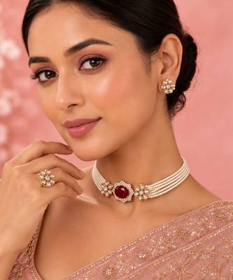 Pearl choker jewellery set for women | floral cz necklace set with earrings 1