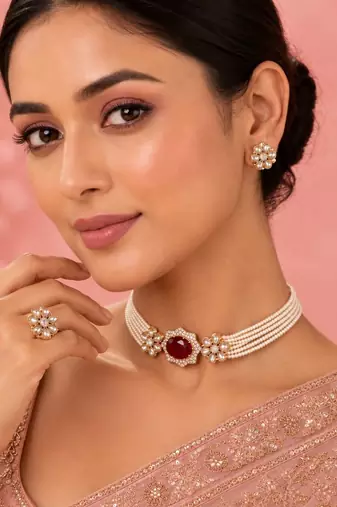 Pearl choker jewellery set for women | floral cz necklace set with earrings