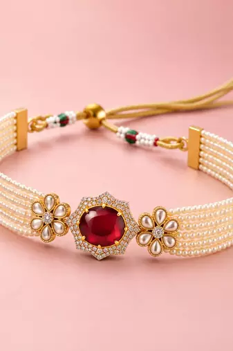 Pearl choker jewellery set for women | floral cz necklace set with earrings