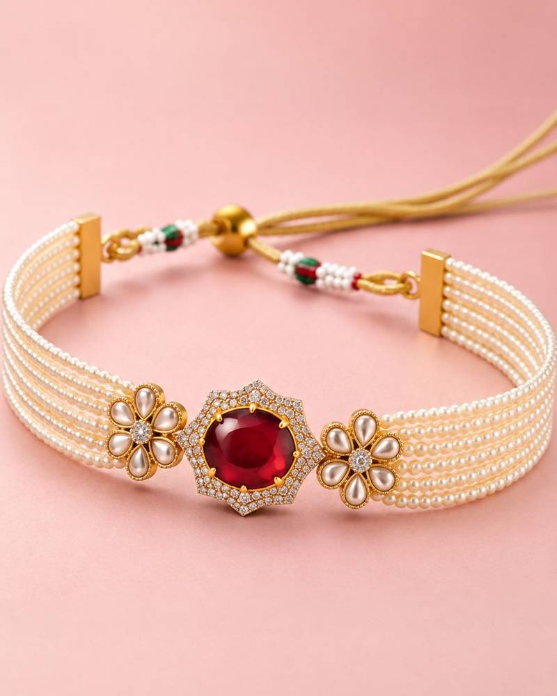 Pearl choker jewellery set for women | floral cz necklace set with earrings