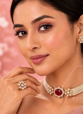 Pearl choker jewellery set for women | floral cz necklace set with earrings 5
