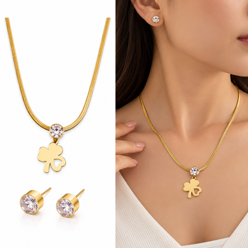 Anti-Tarnish Golden Clover Charm Necklace Set with Sparkling Crystal Pendant and Matching Stud Earrings 1
