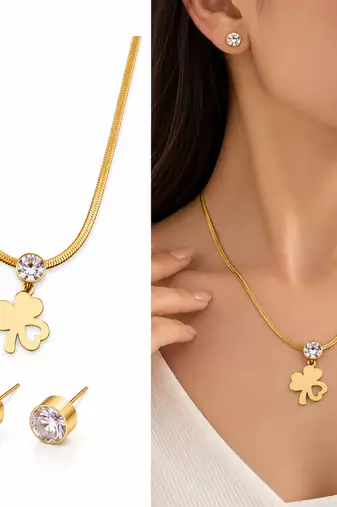 Anti-Tarnish Golden Clover Charm Necklace Set with Sparkling Crystal Pendant and Matching Stud Earrings