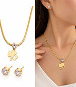 Anti-Tarnish Golden Clover Charm Necklace Set with Sparkling Crystal Pendant and Matching Stud Earrings