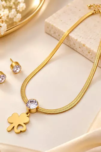 Anti-Tarnish Golden Clover Charm Necklace Set with Sparkling Crystal Pendant and Matching Stud Earrings