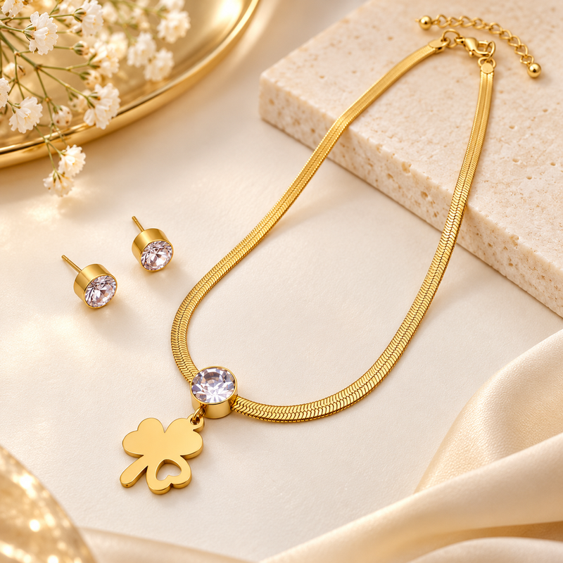 Anti-Tarnish Golden Clover Charm Necklace Set with Sparkling Crystal Pendant and Matching Stud Earrings